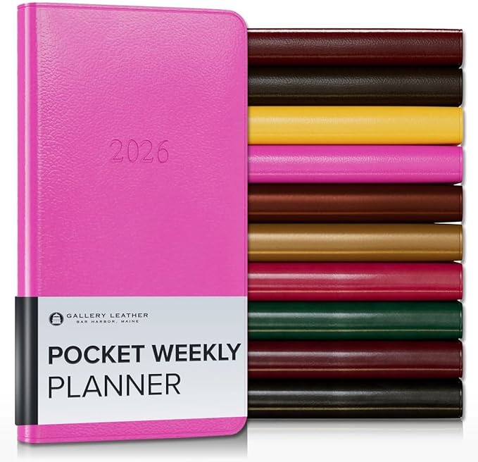 Gallery Leather Pocket Weekly Monthly Planner 2025-2026, Elegantly Bound Calendar Planner and Notebook with Stylish Gold-Gilded Page Edges, 12 Months - Caribbean Fuchsia - 6 x 3.25 "