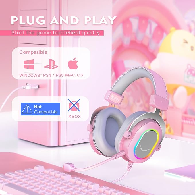 FIFINE PC Gaming Headset, USB Wired Headset with Microphone, 7.1 Surround Sound, in-Line Control, Computer RGB Over-Ear Headphones for PS4/PS5, for Streaming/Game Voice/Video-AmpliGame H6 (Pink)