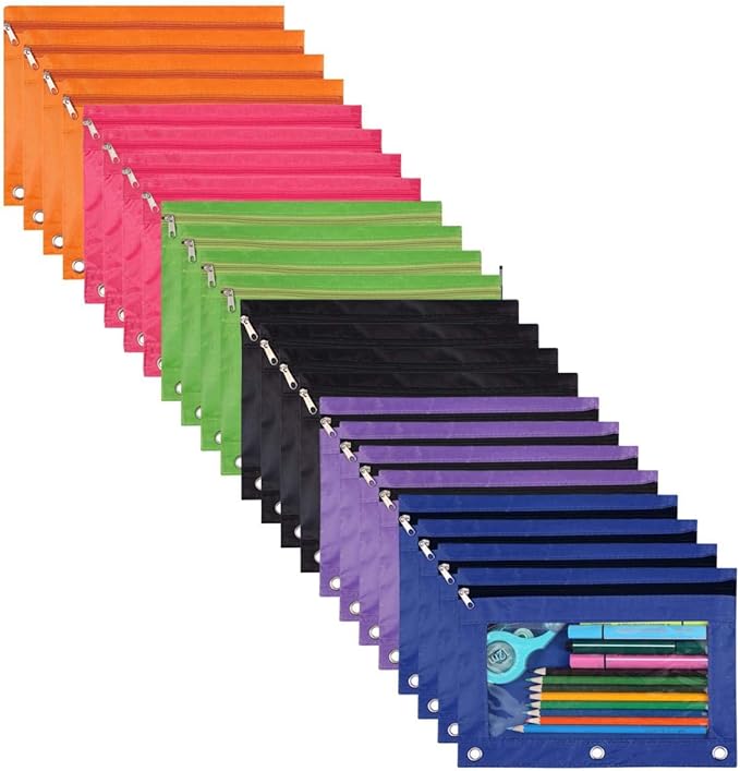 24-Packs 3 Ring Pencil Pouch, Binder Pouches with 3 Hole, Bulk Zipper Pencil Case Suitable for Class, School, Office(6 Colors)