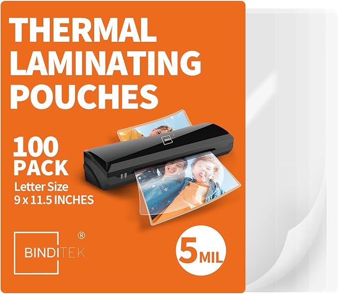 Binditek 100 Pack 5 Mil Thermal Laminating Pouches, 9x11.5 Inches Laminating Sheets, for Letter Size, Ultra Clear, Glossy, Hold 8.5x11 Inches, Heat Seal, School Office Supplies