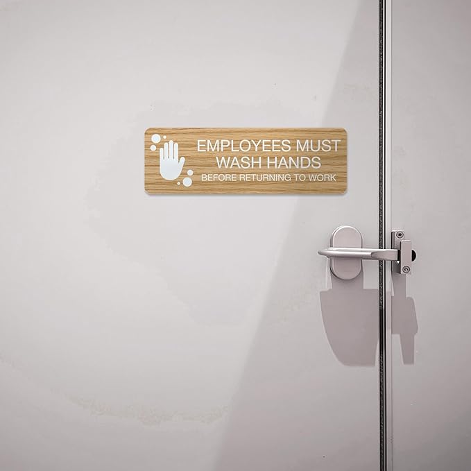 SBLABELS Employees Must Wash Hands Indoor Easy Adhesive Mount Door and Wall Sign for Restaurants and Small Businesses 3" x 9" - Light Wood