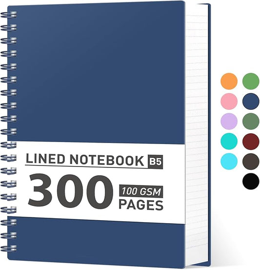 AHGXG Spiral Notebook College Ruled - Spiral Notebook Journal Large B5 7.6" x 10", 300 Pages/150 Sheets, 100GSM Thick Paper, Plastic Hardcover, for Women Men Office School, Bule