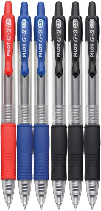 G2 Retractable Premium Gel Ink Roller Ball Pens Ultra Fine Point (.38mm) Black/Blue/Red Ink 6 pack; Refillable & Premium Comfort Grip Bundle with Plastic Reusable Pouch