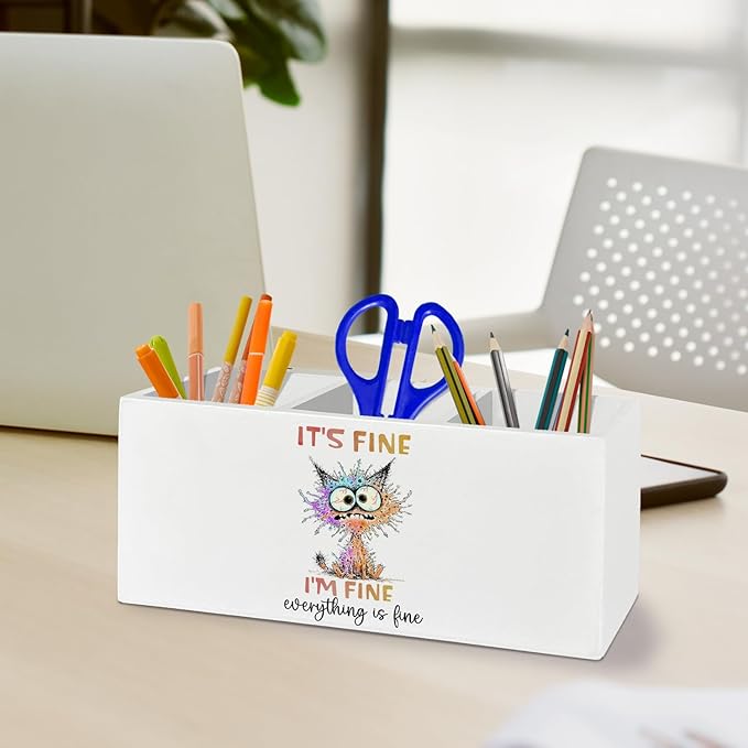 Funny Cat Pen Pencil Holder Organizer for Desk Accessories, It's Fine Everything Is Fine Wooden Box Sign Desk Decor for Home Office Decoration, Funny Cat Mom Lovers Gifts