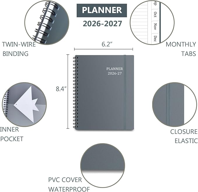 Tiankool Planner 2026-2027 - Jan 2026-Jun 2027 Weekly Monthly Planner with 18 Monthly Tabs, Elastic Closure, Inner Pocket, Round Corner,5.8" x 8.25"- Grey