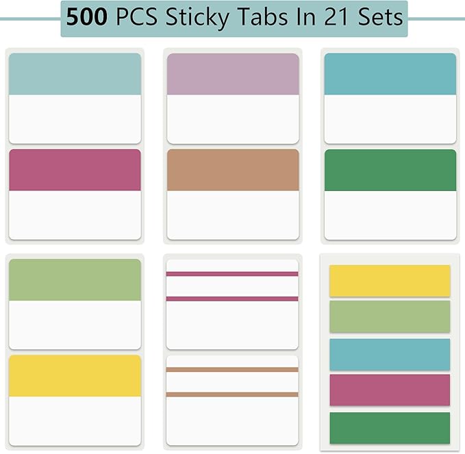 ELII 500 PCS Sticky Index Tabs 21 Sets, Colorful Book Tabs Sticky Tabs for Notebooks, Page Tabs for Binders, Page Markers Notebook Tabs