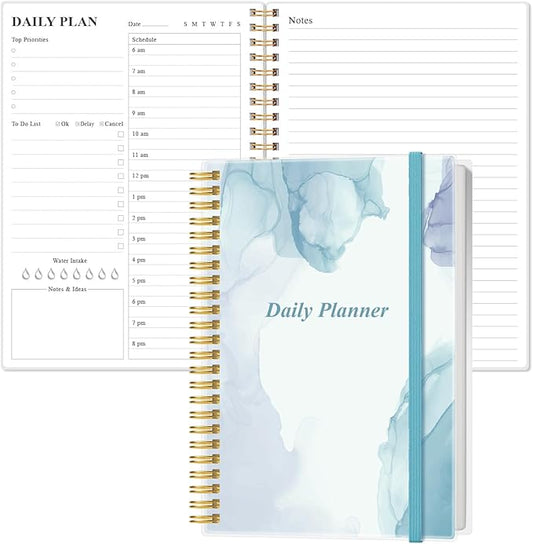 Daily Planner Undated - A5 To Do List Notebook Hourly Schedules, Spiral Appointment Planner for Women and Men, PVC Hardcover, Inner Pocket, Elastic Closure, 5.8" x 8.3", Blue Watercolor