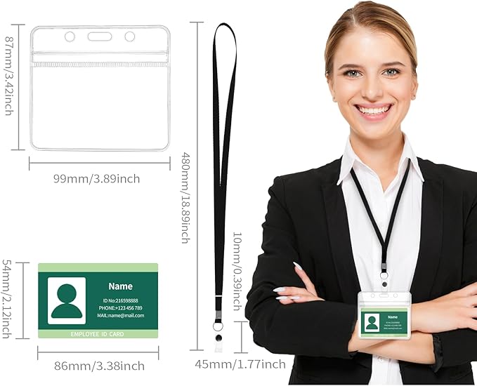 RexID 50 Pcs Horizontal ID Holder Badges Name Tags,Waterproof Clear Plastic ID Card Holders with Blue Lanyard (50 Pcs (Horizontal), Blue)