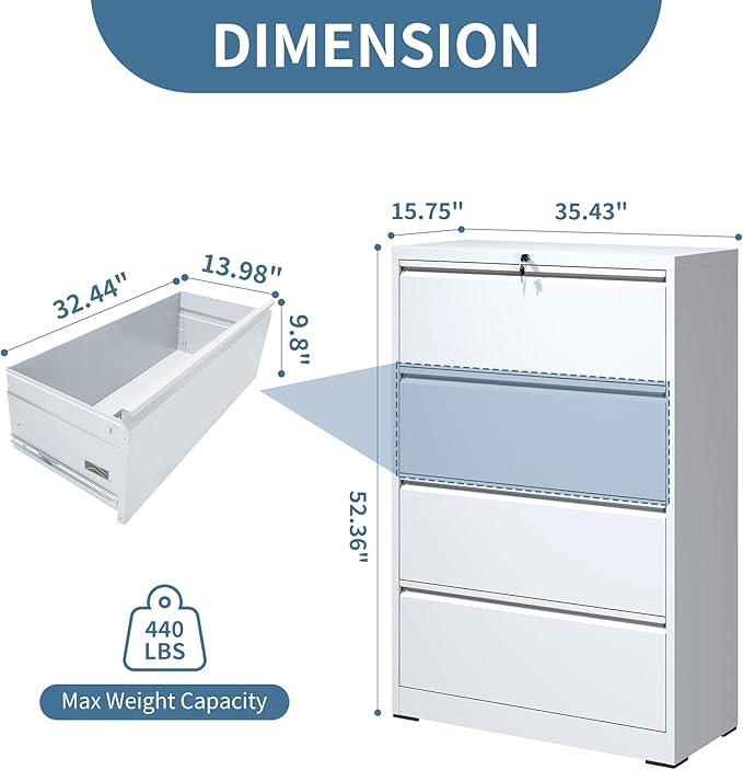 AQY 4 Drawer File Cabinet with Lock,Metal Lateral File Cabinets for Home Office,Steel Wide Filing Organization Storage Cabinets for Hanging Files Letter/Legal/F4/A4 Size Assembly Required(White)