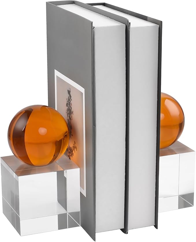 Crystal Bookends, 1 Pair of Decorative Tabletop Bookends for Office, Home, Desk, Comes with Gifed Box, Amber