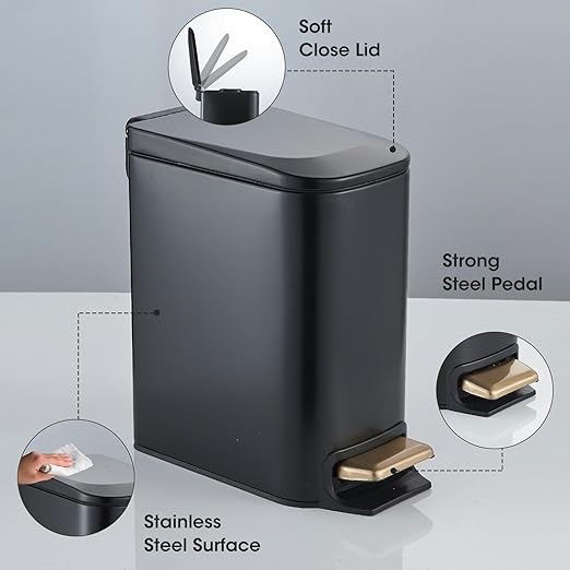 Small Bathroom Trash Can with Lid Stainless Steel Black Gold Garbage Can with Lid 6 Liter / 1.6 Gallon
