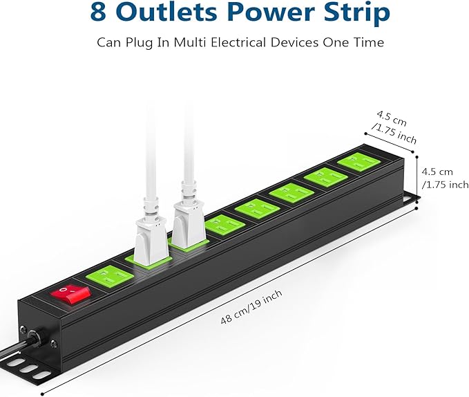 Metal 8 Outlet Mountable Power Strip, Wall Mount Outlet Heavy Duty, Commercial Shop Power Strip with Switch, 15A 125V 1875W, 300J (Green 6FT)