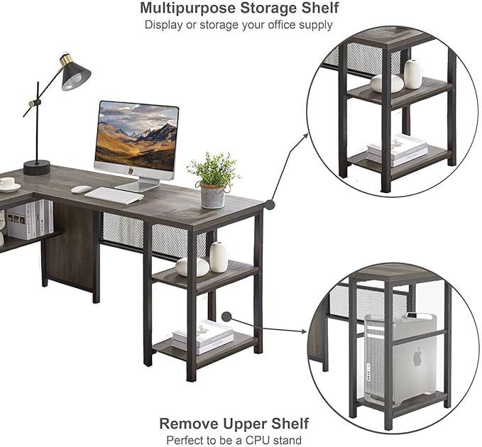 FATORRI L Shaped Desk, Industrial Reversible Home Office Computer Desk with Wood Shelves, Corner Desks with Metal Legs (Walnut Brown, 59 Inch)
