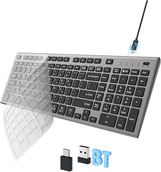FENIFOX Wireless Keyboard, Bluetooth + USB Ergonomic Silent Quiet Rechargeable with Number Pad Compact Full Size Multi Device Keyboards for iPad Tablet Mac Computer Surface PC MacBook Laptop Blcak