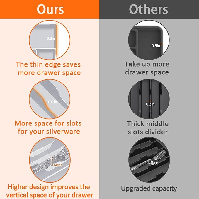 Silverware Organizer for drawer - Adjustable Kitchen Drawer Organizer Utensil Drawer Organizer, Expandable Silverware Tray for Drawer Utensil Organizer for Forks, Knives, Grey