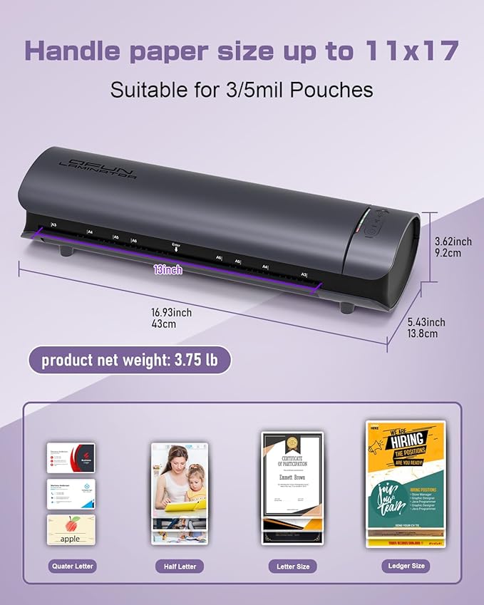 Office Presentation Laminator Machine 11x17 with Laminating Sheet A3/A4/A5, 3/5 Mil Thermal Cold Laminating Machine 13 inch Wide, 60s Warm-Up Office Presentation Laminator Machine (Gray)