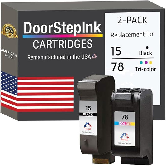 DoorStepInk Remanufactured Ink Cartridges for HP 15 C6615DN Black & HP 78 C6578AN Color 2 Pack – Compatible with HP DeskJet 920C, 940C, 940cvr, 3810r – High Yield USA Made, Affordable Printer Ink