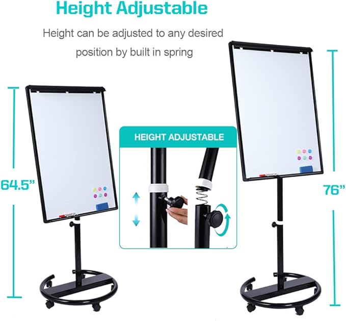 40 X 28 Inch Mobile Magnetic Whiteboard, Height Adjustable Dry Erase Board Easel on Rolling Stand with Flipchart Easel Pad, Magnets & Eraser, Black