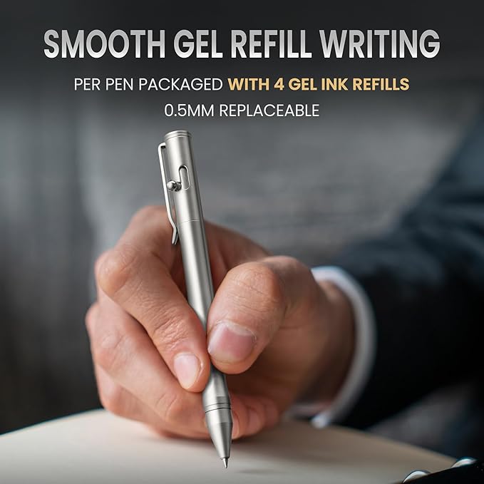 Origin-Joy 2 Pack Stainless Steel Bolt Action Pen Set, Heavy Duty EDC Pocket Gel Tactical Pen With 8 Ballpoint Refills (Sandblasting)
