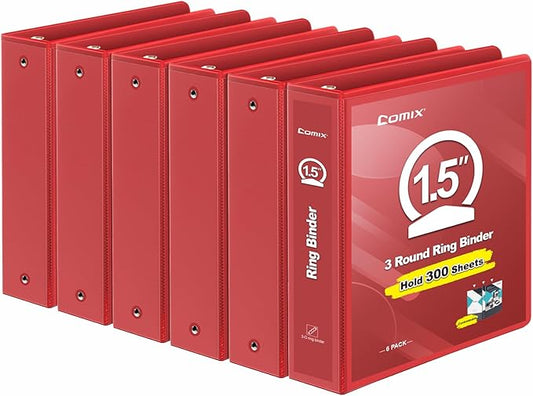 COMIX 3 Ring Binder 1.5 inch with Clear View Cover, 1.5" View Binder Holds 300 Sheets of US Letter Size Paper, 6 Pack (Red)