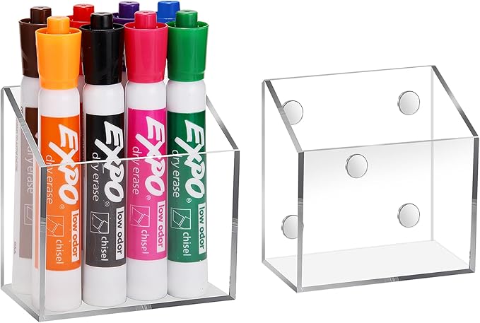 Magnetic Pen Holder Classroom Organization Acrylic Marker Holder for Whiteboard Refrigerator Locker Accessories Pencil Dry Erase Marker Basket (1 Compartment * 2)