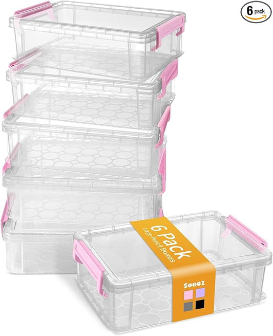 Sooez 6 Pack Extra Large Pencil Box, Plastic Pencil Case Crayon Box Bulk, Clear Marker Organizer Plastic Containers with Lid, Stackable Storage Boxes for Craft, Pen, Art, Back to School Supplies, Pink