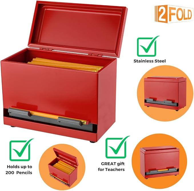 2Fold Pencil Dispenser for Classroom - Stainless Steel Bulk Pencil Holder for Desk - Includes Removable Label Stickers - Teacher Must Haves for Organization - Holds up to 200 Pencils (Red)