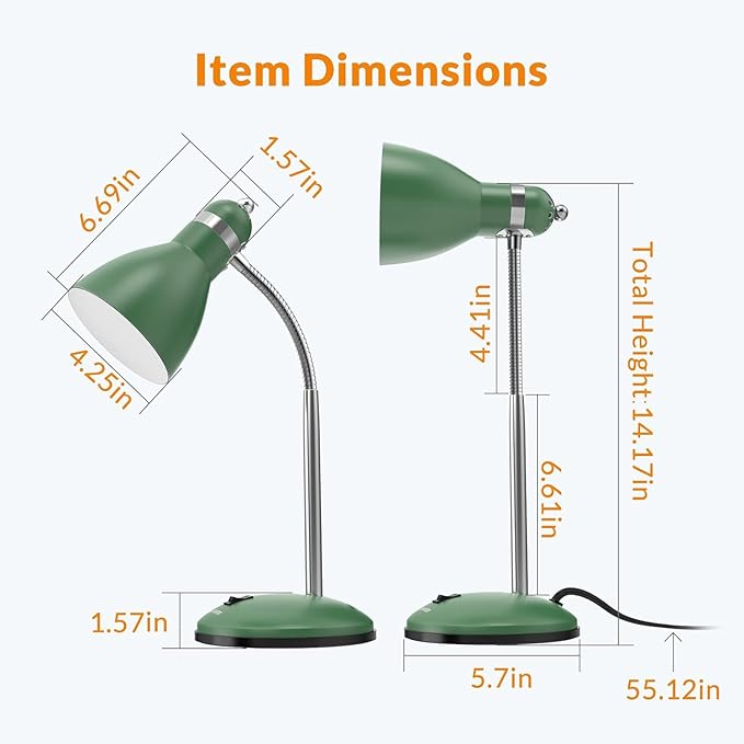 LEPOWER Metal Desk Lamp, Adjustable Goose Neck Table Lamp, Eye-Caring Study Desk Lamps for Bedroom, Study Room and Office (Green)