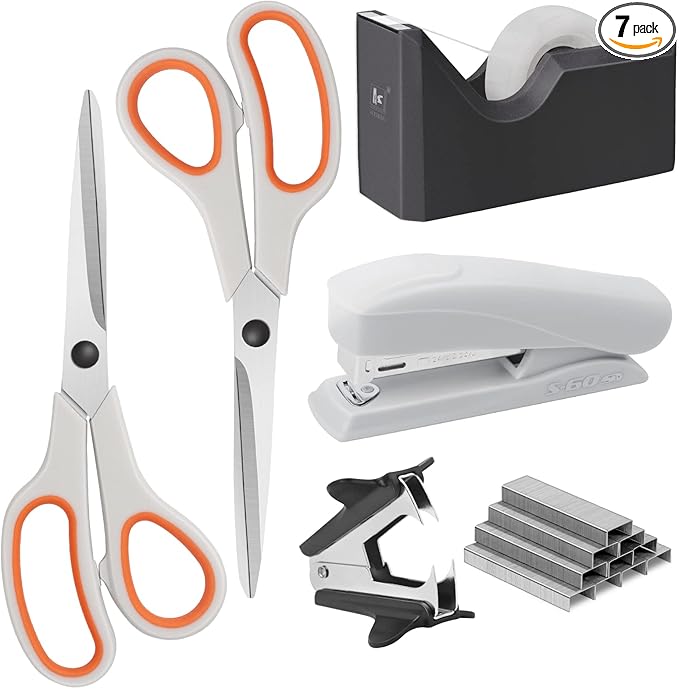 Office Supplies Kit, Desk Accessory Set, Including 2 Scissors, 1 Stapler,1000 Pieces 26/6 Staples, 1 Staple Remover, 1 Tape Dispenser and 1 Tape, Perfect Office Partners
