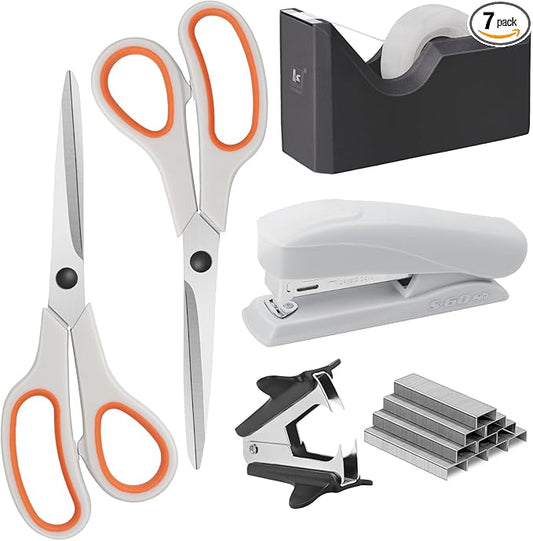 Office Supplies Kit, Desk Accessory Set, Including 2 Scissors, 1 Stapler,1000 Pieces 26/6 Staples, 1 Staple Remover, 1 Tape Dispenser and 1 Tape, Perfect Office Partners