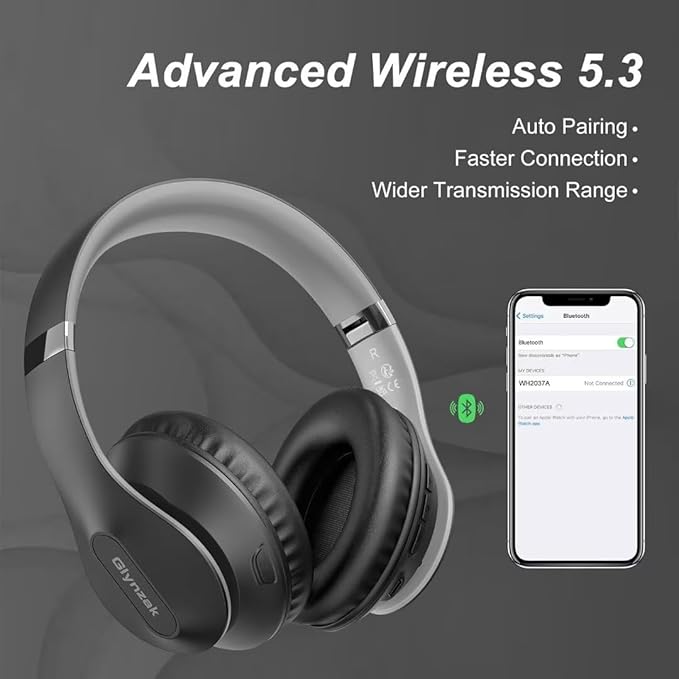 Wireless Bluetooth Headphones Over Ear 65H Playtime HiFi Stereo Headset with Microphone and 6EQ Modes Foldable Bluetooth V5.3 Headphones for Travel Smartphone Computer Laptop
