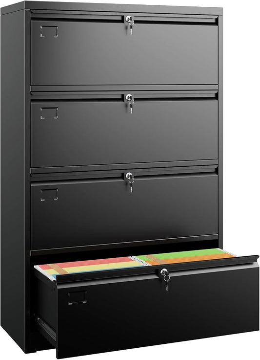 SUXXAN 4 Drawer File Cabinet, Lateral Filing Cabinet with 4 Locks for Home Office, Black File Cabinets with Business Card Holder for Letter/Legal/F4/A4 Hanging Files