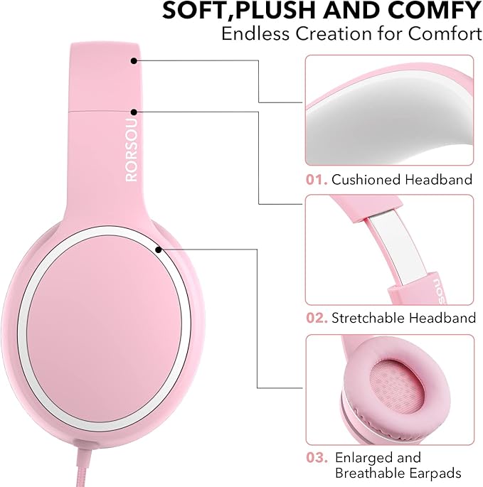 RORSOU R10 Over-Ear Headphones with Microphone, Lightweight Folding Stereo Bass Headset with 1.5M No-Tangle Cord, Portable Wired Headphones for Smartphone Tablet Computer MP3 / 4 (Pink)