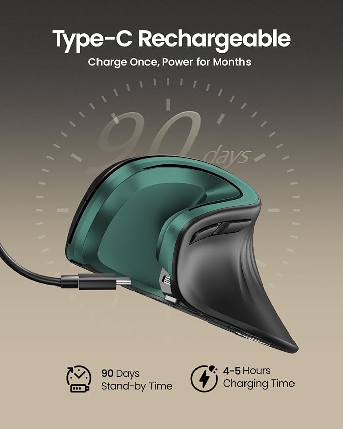 ProtoArc Ergonomic Vertical Mouse, EM11 NL Rechargeable Wireless Mouse Bluetooth, Ergo Mice with 3 Multi-Device for PC/Notebook/Laptop, 2.4GHz Optical Mice for Windows, Mac OS, Green