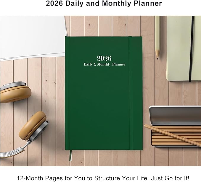 2026 Daily & Monthly Planner - 2026 Daily Planner One Page Per Day from January 2026 to December 2026, 5.8'' x 8.3'' Hourly Appointment Book Perfect Organizer Daily Life, Fabric Cover, Green