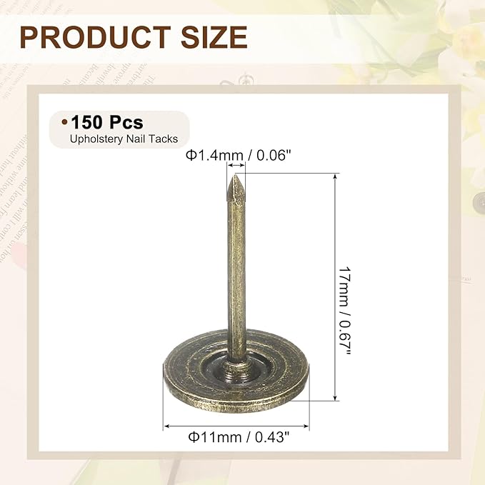 uxcell 150Pcs Upholstery Tacks, 11mmx17mm Flat Head Thumb Tack Decorative Furniture Nails Push Pins for Furniture Sofa Headboards, Bronze