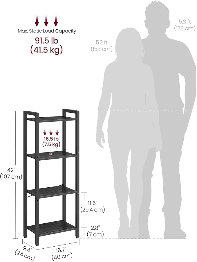 VASAGLE 4-Tier Bookshelf, Bookcase with Steel Frame, Book Shelf for Living Room, Home Office, Study, 9.4 x 15.7 x 42 Inches, Industrial Style, Ebony Black and Ink Black ULLS099B56