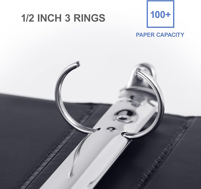 3 Ring Binder 1/2 Inch, ViVin Sturdy 0.5"-Round Ring Binder with 2 Interior Pockets, Clear View Cover, PVC-Free, Fits 100 Sheets of 8.5'' x 11'' Paper, Office Home School (12 Pack, Black)