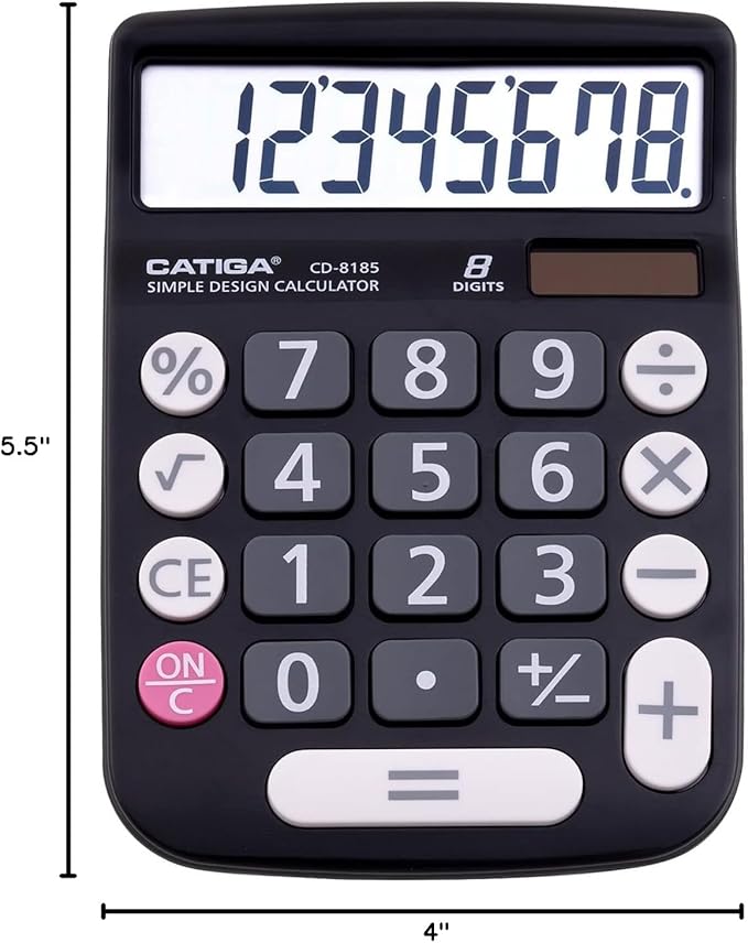 CATIGA Desktop Calculator 8 Digit with Solar Power and Easy to Read LCD Display, Big Buttons, for Home, Office, School, Class and Business, 4 Function Small Basic Calculators for Desk, CD-8185 Black