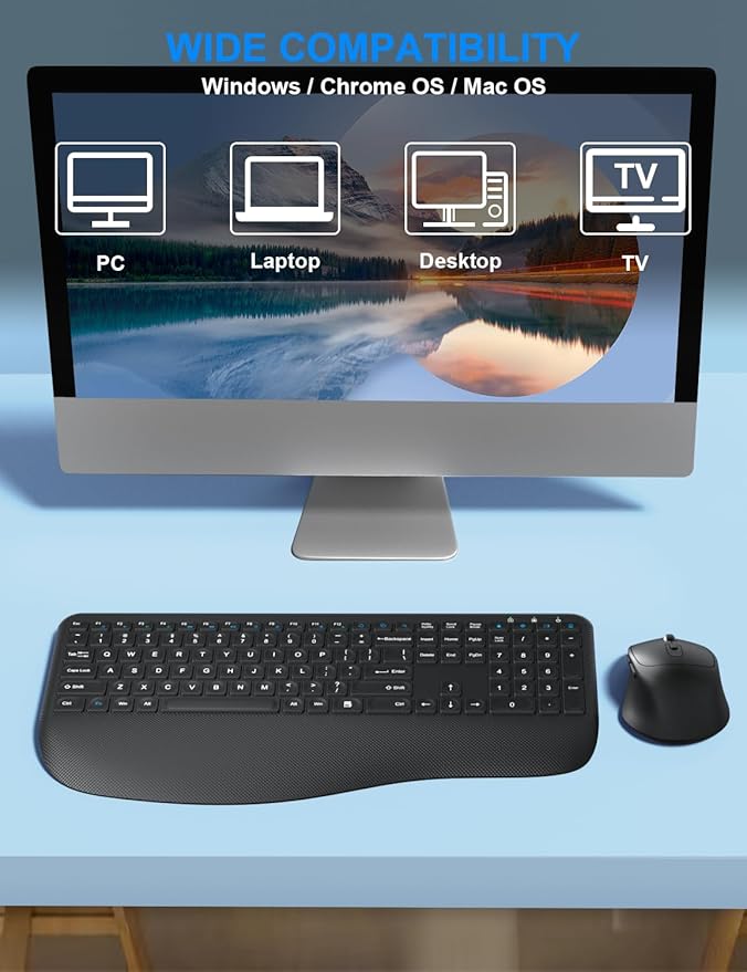 Wireless Keyboard and Mouse Combo, EDJO 2.4G Full-Sized Ergonomic Computer Keyboard with Wrist Rest and 3 Level DPI Adjustable Wireless Mouse for Windows, Mac OS Desktop/Laptop/PC (Carbon Black)