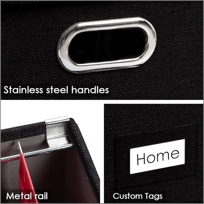 PRANDOM File Organizer Box - Set of 2 Collapsible Decorative Linen Filing Storage Hanging File Folders with Lids Office Cabinet Letter/Legal Size Black (17x14x11.2 inch)