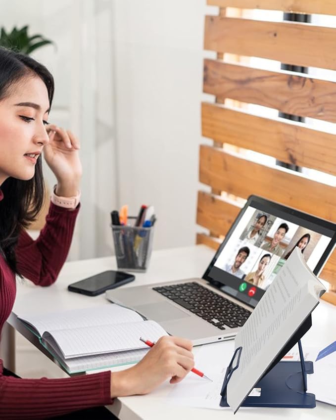 MSDADA Book Stand Metal Reading Rest Book Holder Adjustable Cookbook Documents Holder Portable Sturdy Bookstands for Recipes Textbooks with Page Clips Birthday Gifts for Girls Mom Students(Royal blue)