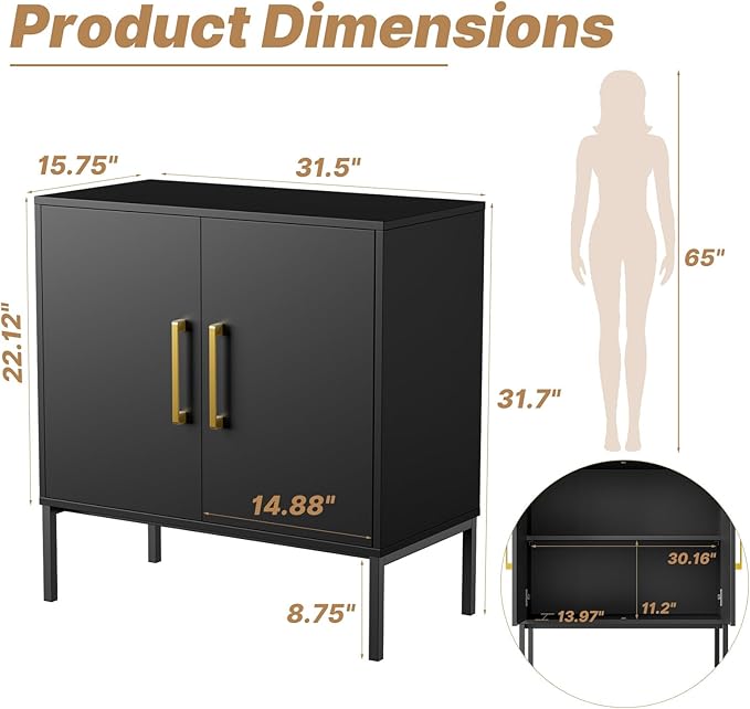 LYNSOM Storage Cabinet with Doors and Shelves, Free Standing Office Cabinet, Modern Wood Buffet Sideboard for Kitchen, Living Room, Bedroom, Hallway, Black
