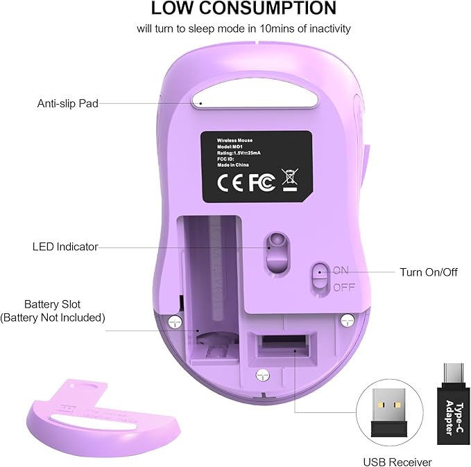 WisFox 2.4G Wireless Mouse for Laptop, Ergonomic Computer Mouse with USB Receiver and Type-C Adapter, 3 Adjustable Levels DPI, 6 Button Cordless Wireless Mice (Violate)