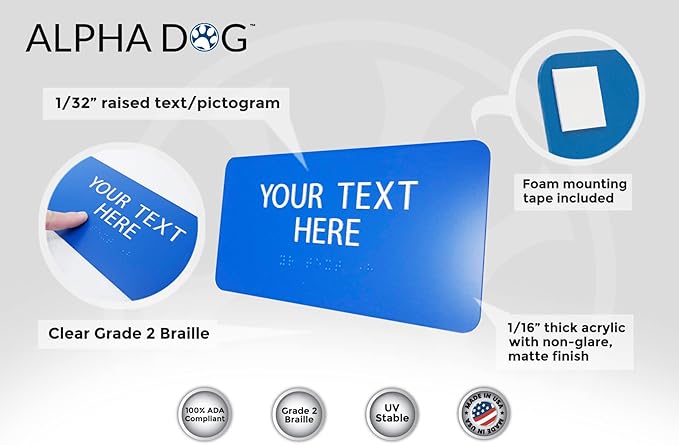 ALPHA DOG ADA SIGNS Custom ADA Compliant Braille Sign, 4"x8" Room Identification Plaque, Tactile Text, Raised Letters, Personalized 2-Line, Indoor/Outdoor, USA-Made (Blue)