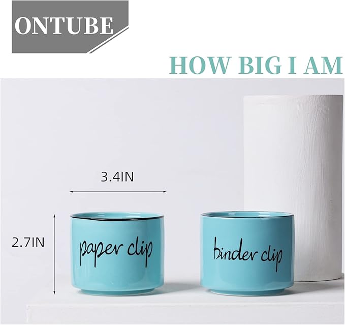 ONTUBE Ceramic Paper Clip Holder and Binder Clip Holder Set Dispenser Organizer for Desk (Turquoise)