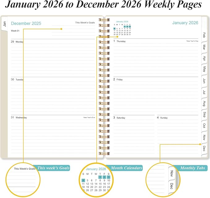 2026 Planner - Weekly and Monthly Calendar Planner from Jan 2026 - Dec 2026, Planner 2026 Spiral Bound with 12 Monthly Tabs, Inner Pocket, Perfect for School Office Supplies, 6.4" x 8.5", Beige