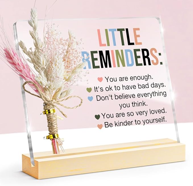 Inspirational Motivational Gifts Little Reminders You are Enough Clear Desk Decorative Sign, Bouquet Acrylic Sign With Wooden Stand for Office Desk Table Shelf