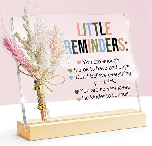 Inspirational Motivational Gifts Little Reminders You are Enough Clear Desk Decorative Sign, Bouquet Acrylic Sign With Wooden Stand for Office Desk Table Shelf