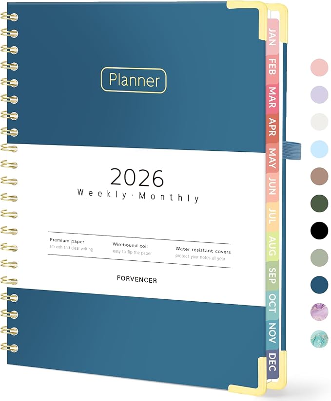 Forvencer 2026 Planner, Hardcover Calendar Planner Weekly and Monthly, January 2026 - December 2026, 8.5" x 11", Spiral Agenda Book with Tabs, Exquisite Daily Journal with Inner Pocket, Organizer Notebook for Office Home School, A4 Size, Navy Blue